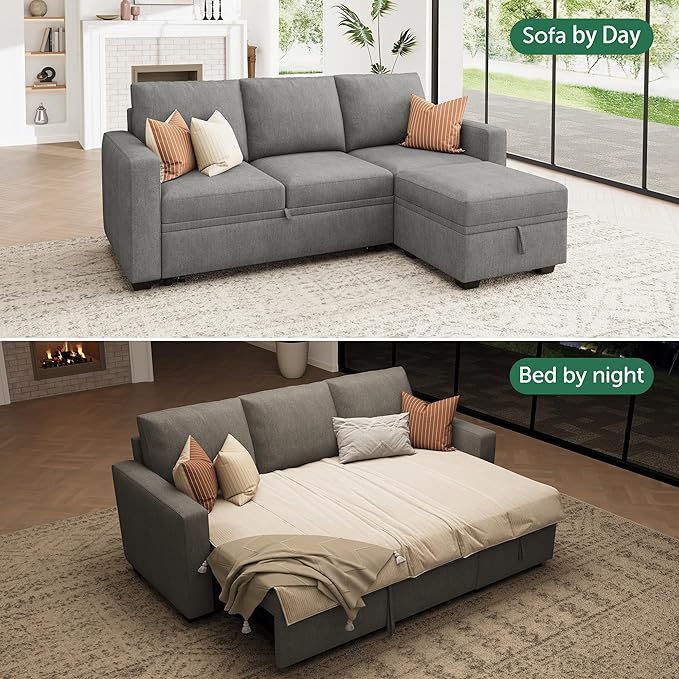 HONBAY Modular Sectional Sleeper Sofa with Pull Out Bed, L Shaped Sofa with Storage, Modular Sectional Couches for Living Room, Warm Grey