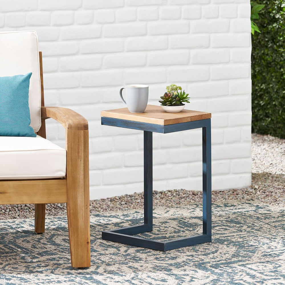 C-Shaped Side Table with Natural Wood Top and Metal Frame, Rectangular, for L...