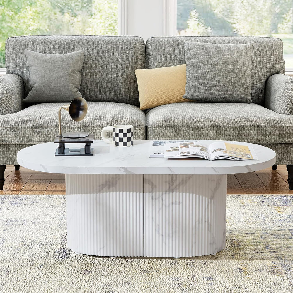 Modern 42.5" Oval Faux Marble Coffee Table, White Fluted Textured Base L...