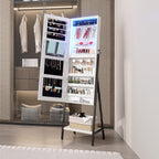 LVSOMT 3 LEDs Mirror Jewelry Cabinet, 60.4" Jewelry Mirror Full Length, Standing Lockable Jewelry Armoire Organizer, Floor Mirror with Storage for Jewelry Cosmetics, White