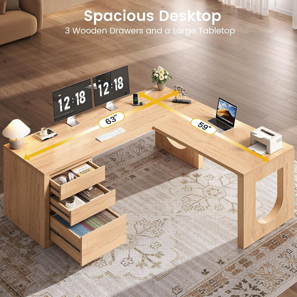 SEDETA 63" L Shaped Desk with 3 Drawers, Modern Executive Office Desk wi...