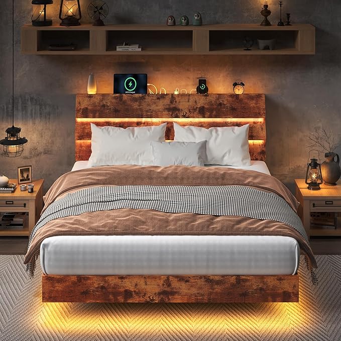 Feonase Floating Bed Frame Full with Led Lights and Charging Station, Wood Full Size Bed Frame with Storage Headboard, Heavy Duty Metal Slats, No Box Spring Needed, Easy Assembly, Vintage Brown