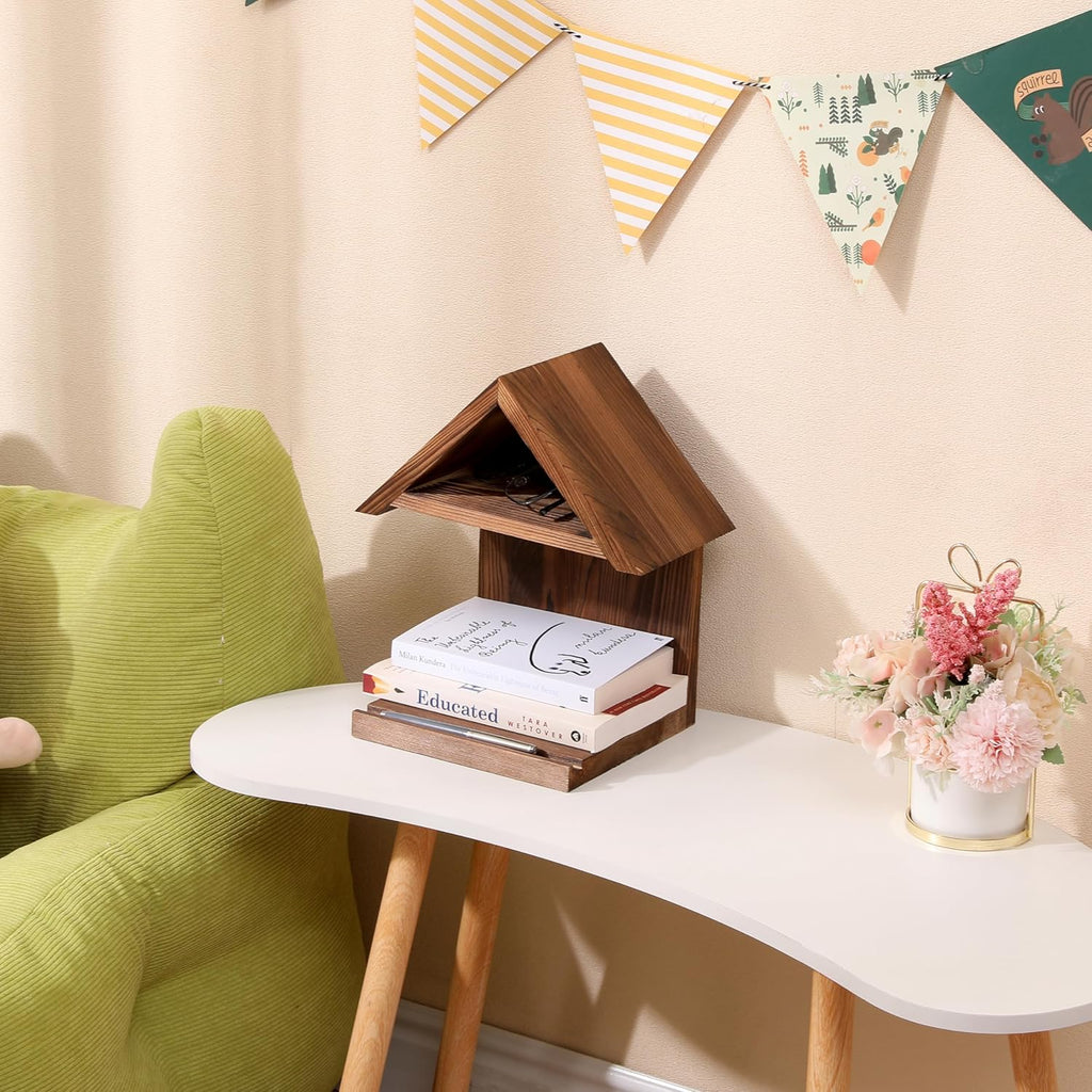 Floating Bedside Wood Bookshelf, Triangle Book Page Holder, Wooden Simple Bookcase for Bedroom Nightstand Library Office or Wall Decor Storage (Brown)