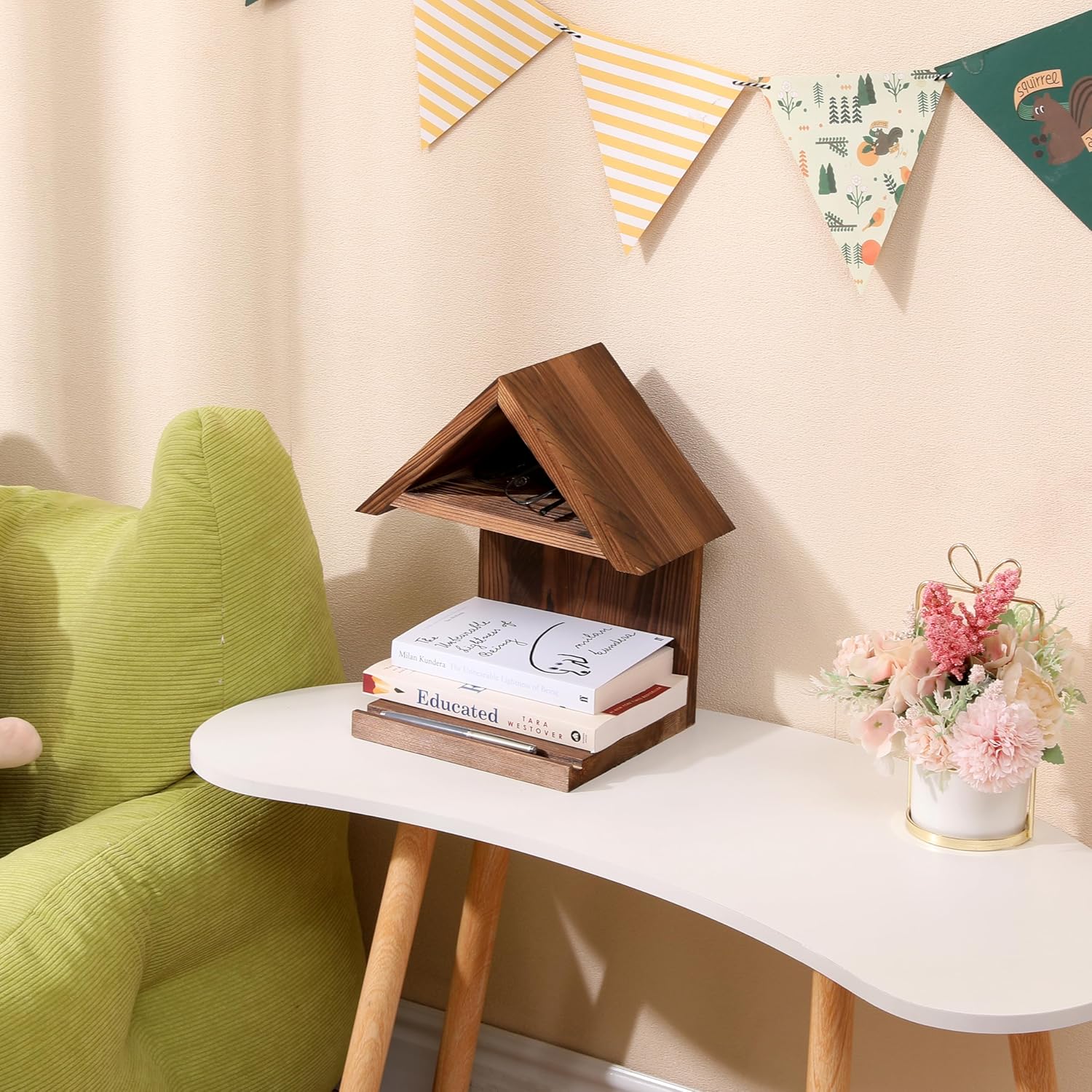 Floating Bedside Wood Bookshelf, Triangle Book Page Holder, Wooden Simple Bookcase for Bedroom Nightstand Library Office or Wall Decor Storage (Brown)