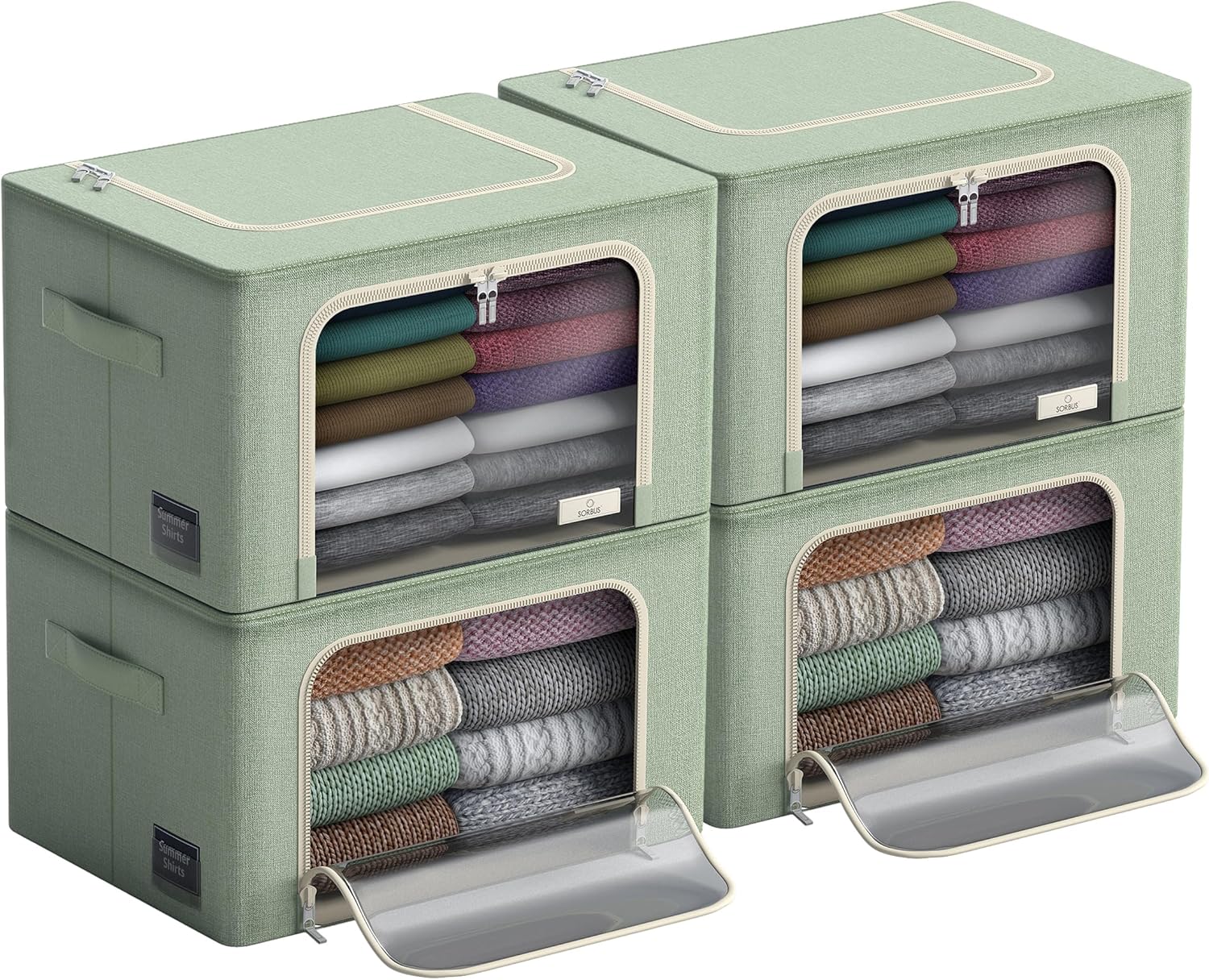 Sorbus Storage Bins with Metal Frame - Stackable & Foldable Clothes Organizer Bags - Oxford Fabric Storage Containers with Large Clear Window & Carry Handles Organization for Bedding Linen & Clothing