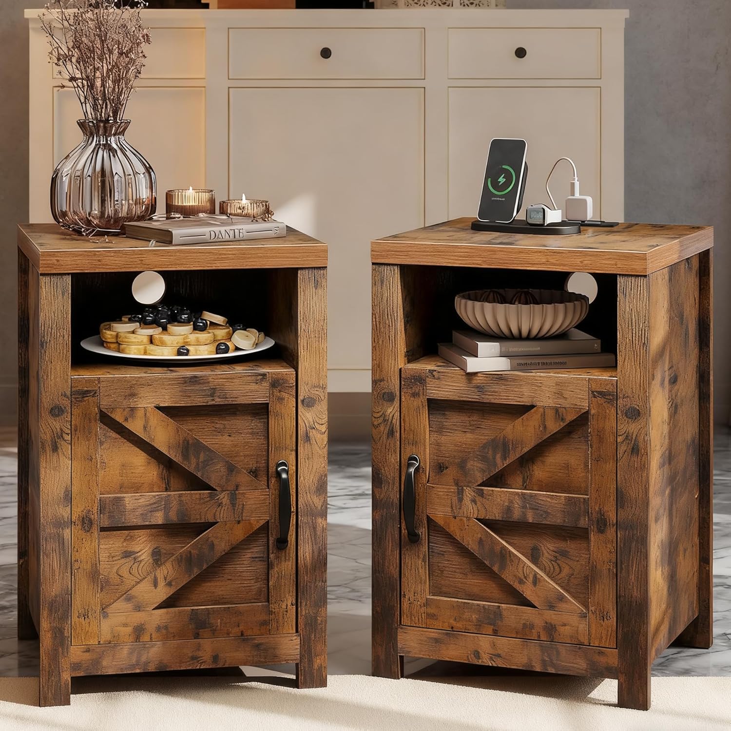 Farmhouse Nightstand with Charging Station, Couch Side Table Set of 2, Bedside Table with Storage Space, End Tables with Barn Door, Bed Side Tables for Living Room and Bedroom, Rustic Brown