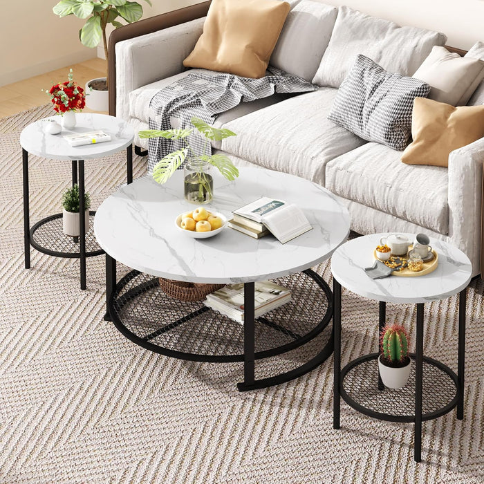 Recaceik Round Coffee Table and End Table Set of 3 with Storage, Modern Vintage Faux Marble Coffee Table and Side Table for Living Room, Office, Apartment, Small Space