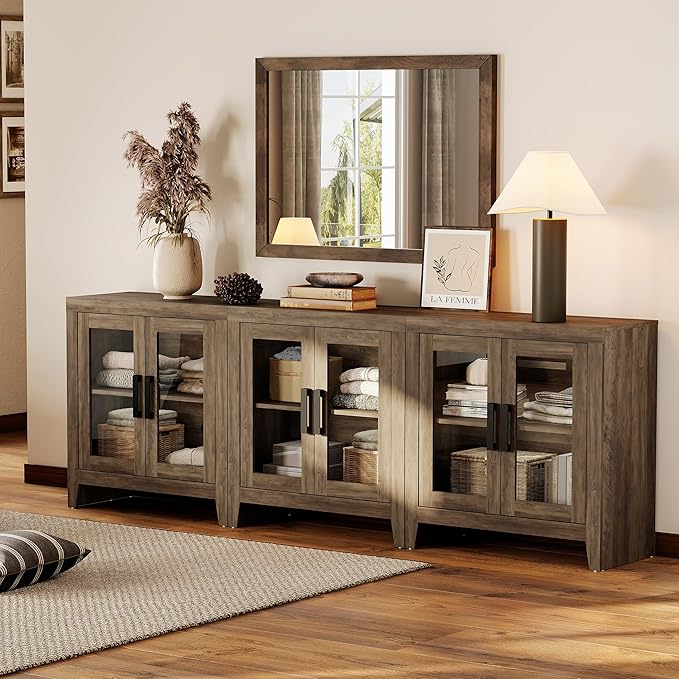 WAMPAT Farmhouse TV Stand for TVs up to 85”, Rustic Wood Entertainment Center with Adjustable Shelf, Glass Doors & Storage, Media Console Cabinet for Living-Room, Bedroom, Brown