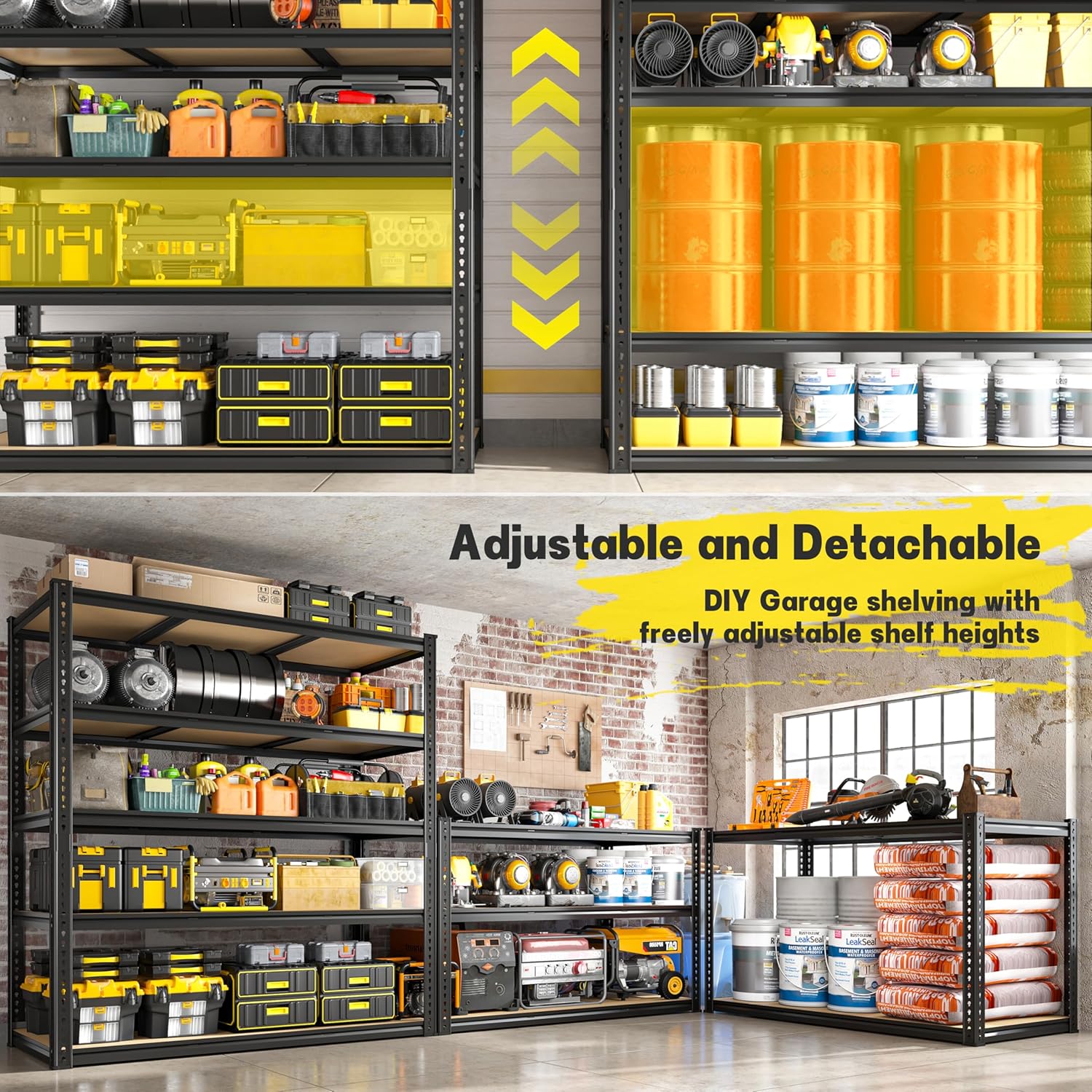 48" W Garage Shelving Heavy Duty 3200LBS Garage Storage Shelving, 5 Tier Adjustable Metal Shelving Unit Utility Rack Shelf for Warehouse, Pantry, Closet, Kitchen 72" H x 48" W x 24" D, Black