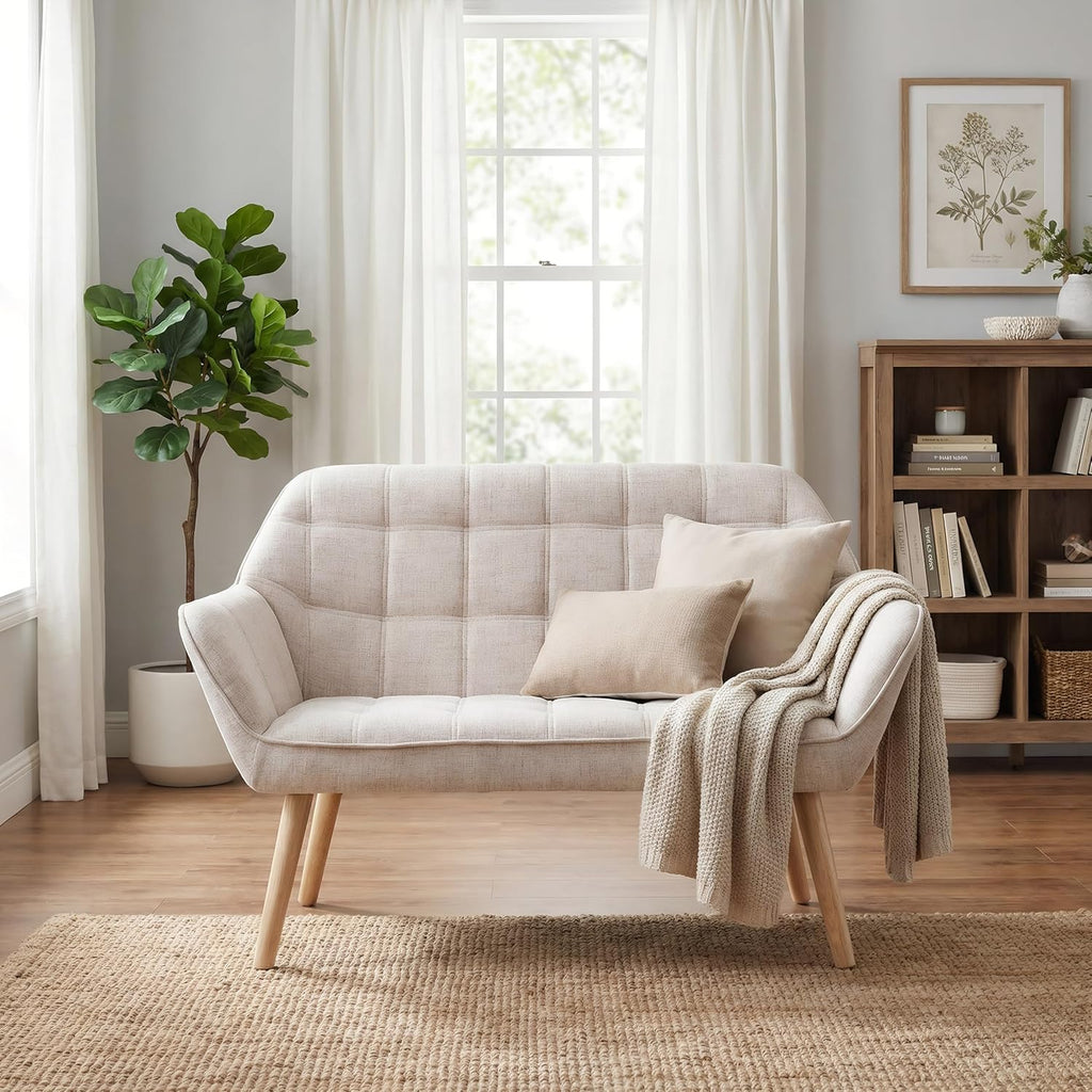 48”Small Loveseat Sofa, Modern Linen Upholstered Mini Couch 2-Seater Fluffy Love Seat with Quilting Backs and Wood Legs for Small Space Living Room, Bedroom, Beige
