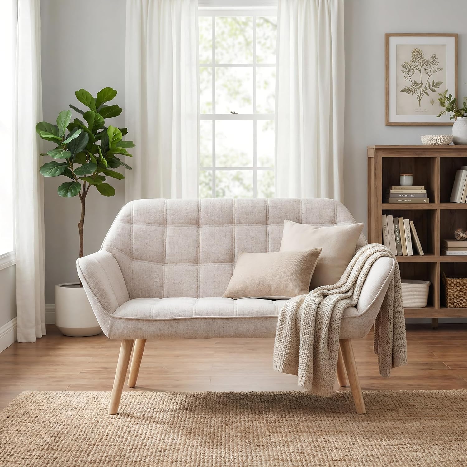 48”Small Loveseat Sofa, Modern Linen Upholstered Mini Couch 2-Seater Fluffy Love Seat with Quilting Backs and Wood Legs for Small Space Living Room, Bedroom, Beige