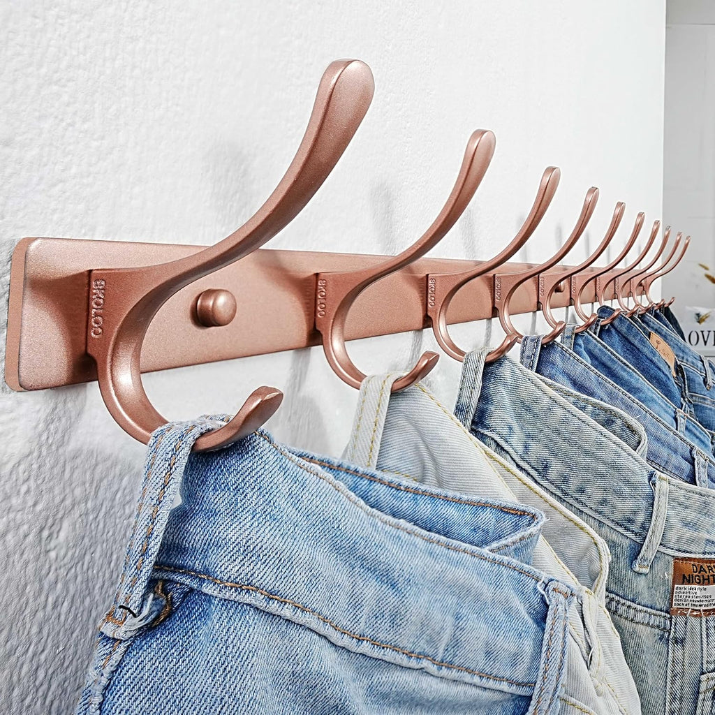 SKOLOO Coat Rack Wall Mounted - 10 Hooks, Heavy Duty, Stainless Steel, Metal Wall Hanger, Sturdy Coat Hooks for Hanging Coats, Jacket, Clothes, Hat, Matte Rose Gold