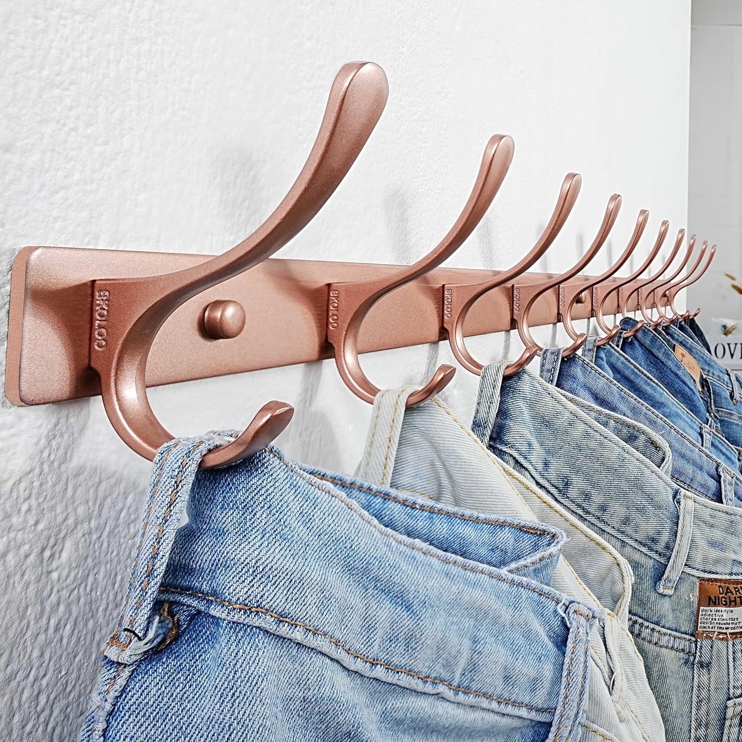 SKOLOO Coat Rack Wall Mounted - 10 Hooks, Heavy Duty, Stainless Steel, Metal Wall Hanger, Sturdy Coat Hooks for Hanging Coats, Jacket, Clothes, Hat, Matte Rose Gold