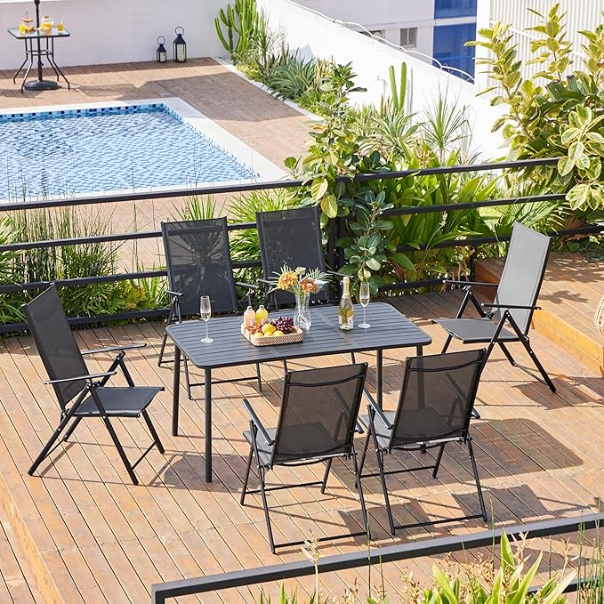 Yaheetech Patio Folding Dining Chairs Set of 2, Stackable Outdoor Lawn Chairs with 8 Adjustable Back Positions and Armrest for Garden, Lawn, Yard and Beach, Dark Gray