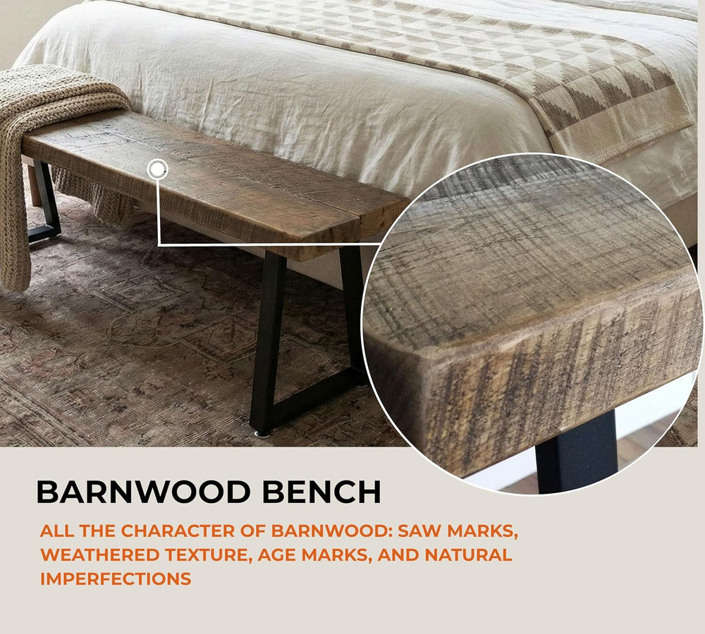 Rustic Revival Reclaimed Barnwood Bench, Solid Wood with Metal Base, Modern F...