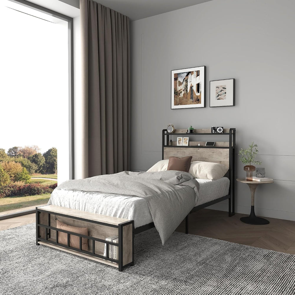 Peanu Twin Bed Frame, Charging Station, LED Headboard, Black Gray