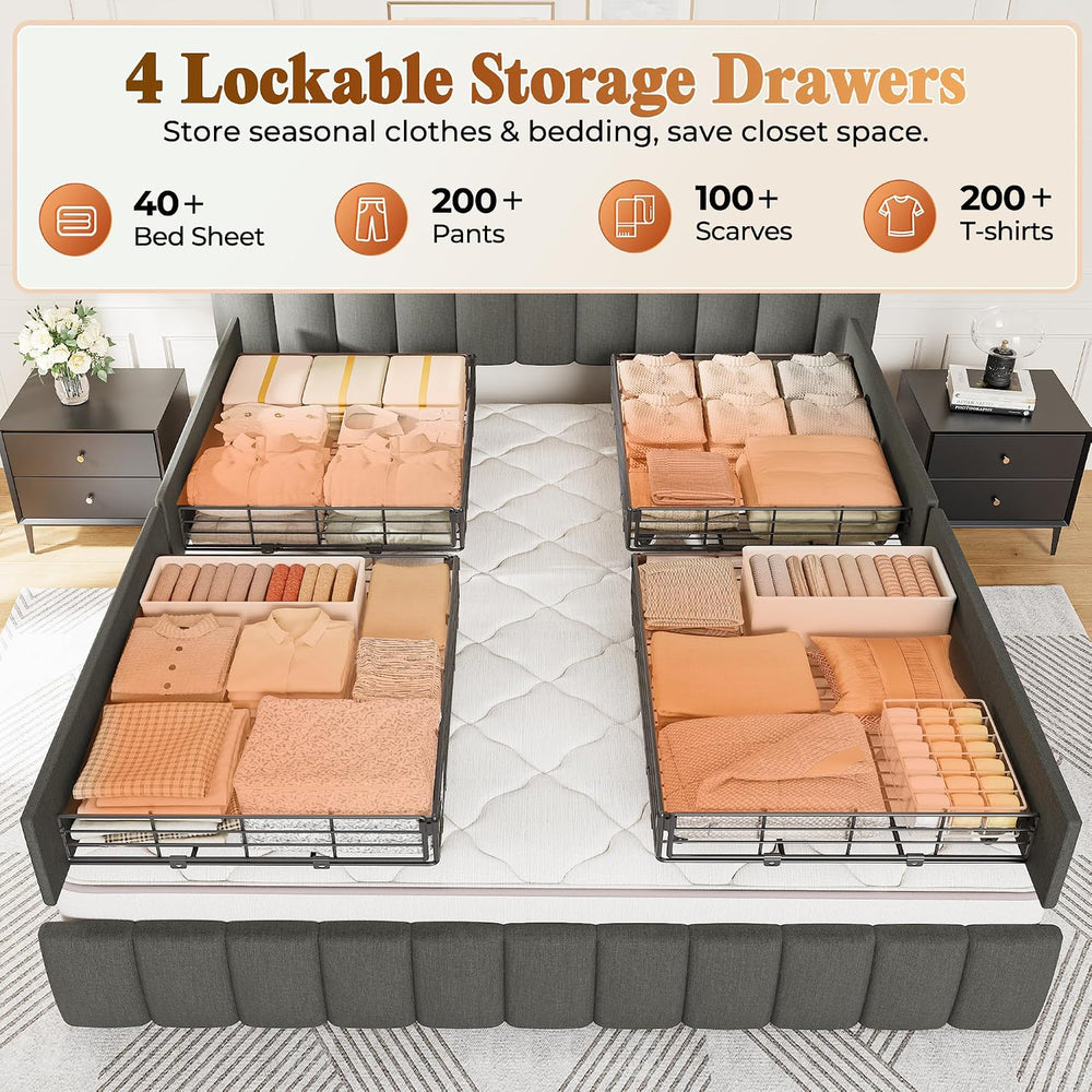 Bed Frame King Size with Upholstered Headboard & Charging Station, King B...