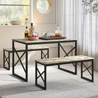 VECELO Kitchen Dining Table Set for 4, 43.3" Wood Rectangle Dinette with 2 Benches, Heavy-Duty Metal Frame for Small Space, Breakfast Nook, Grey