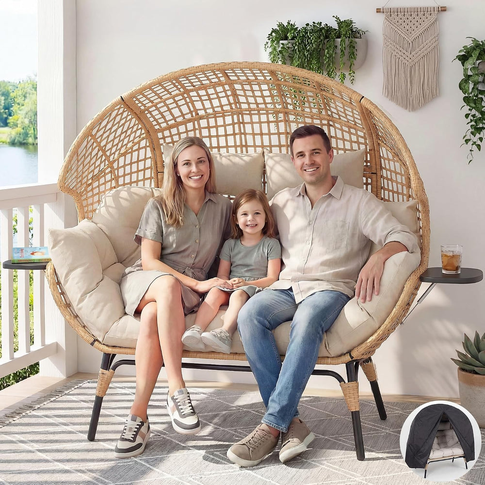 Double Egg Chair Outdoor Indoor 2 Person Wicker Egg Lounge Chair with Foldabl...