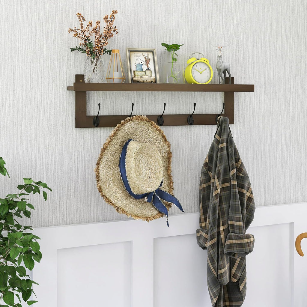 SMIBUY Coat Hooks with Shelf Wall-Mounted, 29.2 Inch Entryway Coat Rack for Wall, Bamboo Hanging Shelf with 5 Double Metal Hooks for Bathroom, Bedroom, Kitchen, Living Room, Mudroom (Walnut)