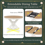 SogesPower 5-Piece Round Farmhouse Retro Dining Table Set for 4, Space-Saving Kitchen Table Set with Extendable Table and 4 Upholstered Chairs for Dining Room Living Room,Oak Natural Wood