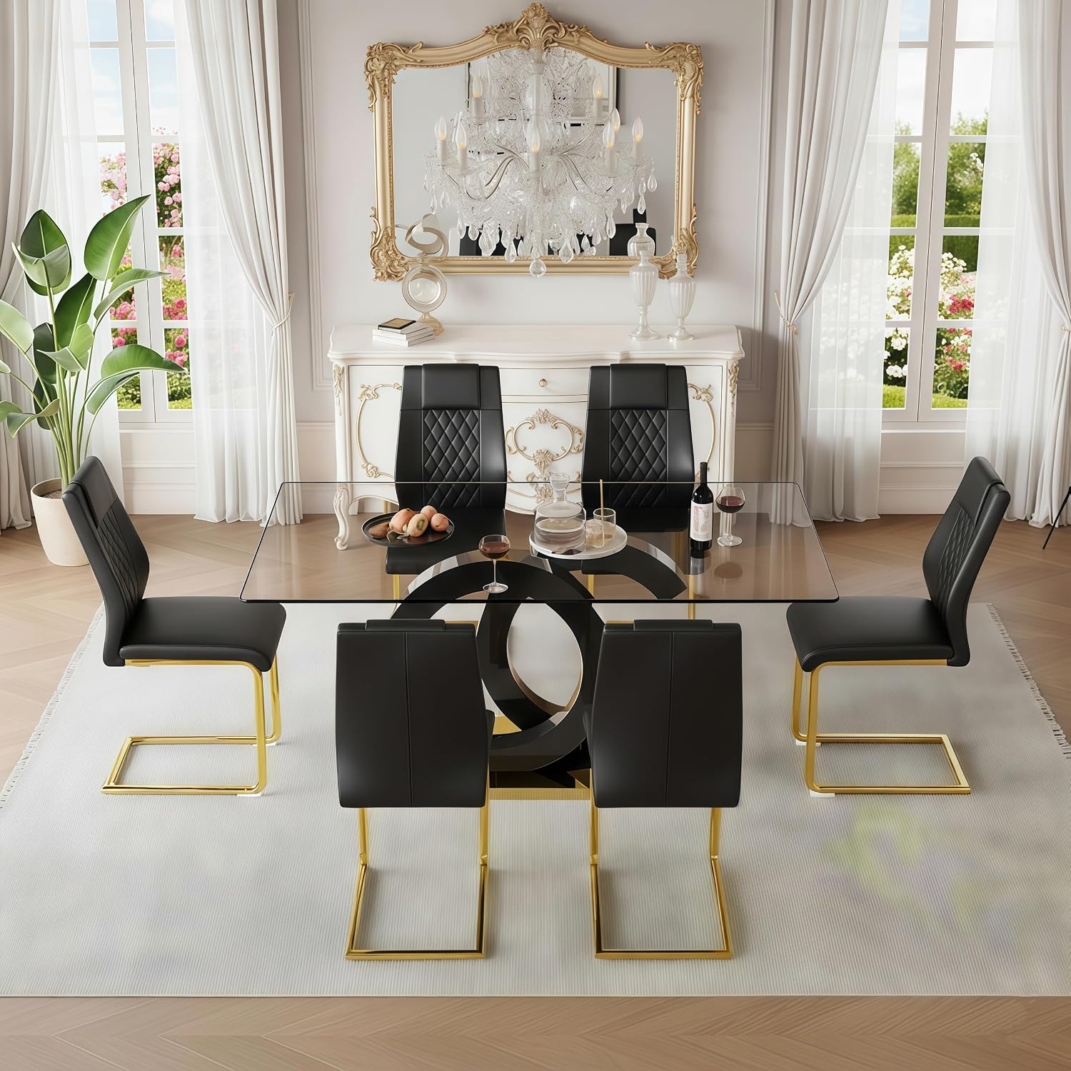 Glass Dining Table Set for 6,Modern Black Gold Dining Table Set,63" | Tempered Glass,Black OC-Shaped Legs,Gold Base,Black Cantilever Chairs,Dinner Table Set for 6, for Kitchen,Dining room