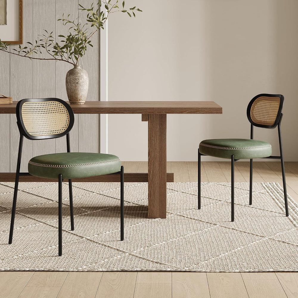 Rattan Dining Chairs Set of 4, Green Leather Upholstered Dining Chairs with R...
