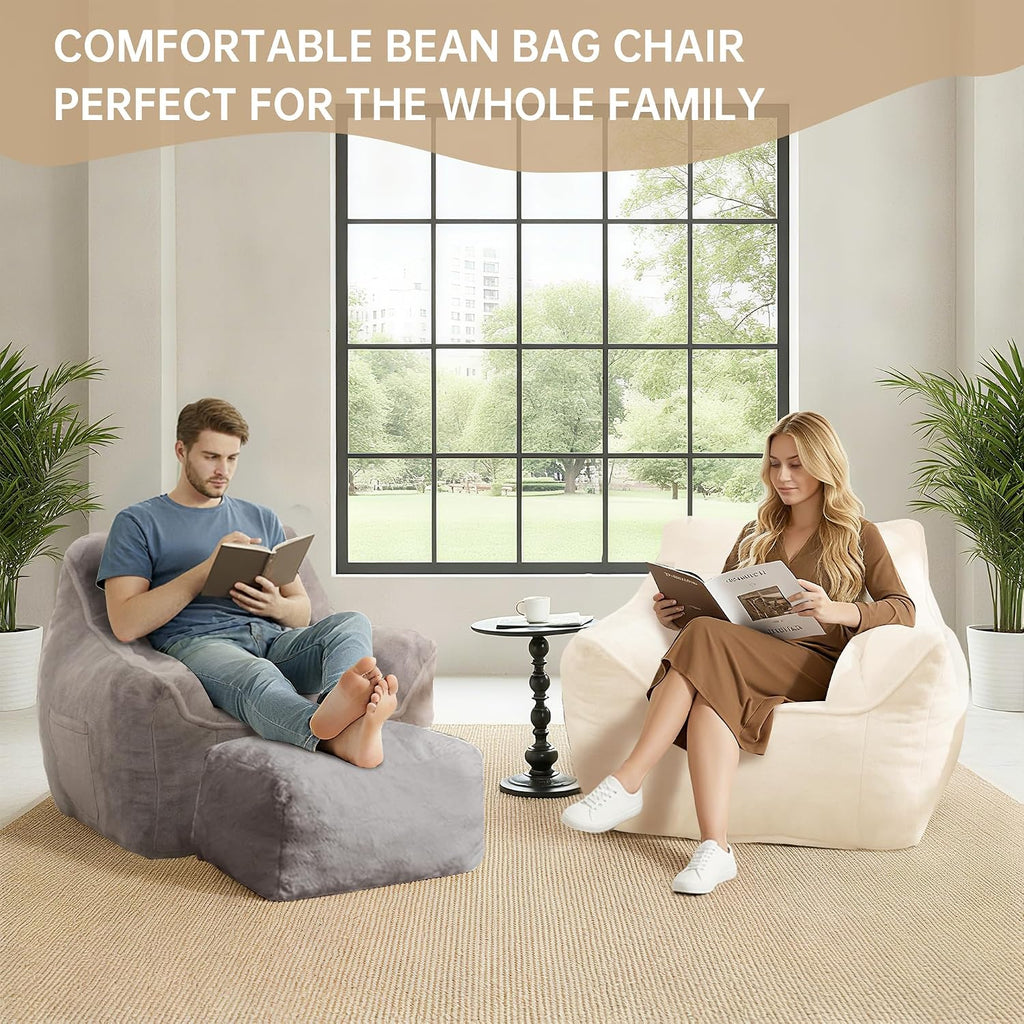 Cvortll Bean Bag Chair with Ottoman, Ultra Soft Fluffy Faux Fur Bean Bag Chairs with Foot Rest, Comfy BeanBag Sofa with Memory Foam, Armchair for Living Room, Bedroom & Game Rooms (Gray)
