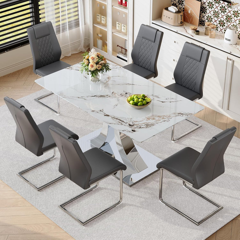 Modern Dining Table Set for 6, 63 Inch White Faux Marble Dining Room Table wi...