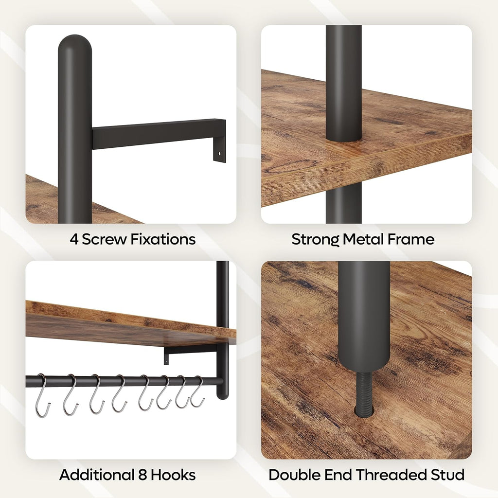 Bestier 3 Tier Industrial Pipe Shelving, Floating Kitchen Shelves for Wall, Storage Coffee Bar Hanging Shelves with Towel Bar for Kitchen Living Room Bathroom Organizer Bedroom, 24 Inch Rustic Brown