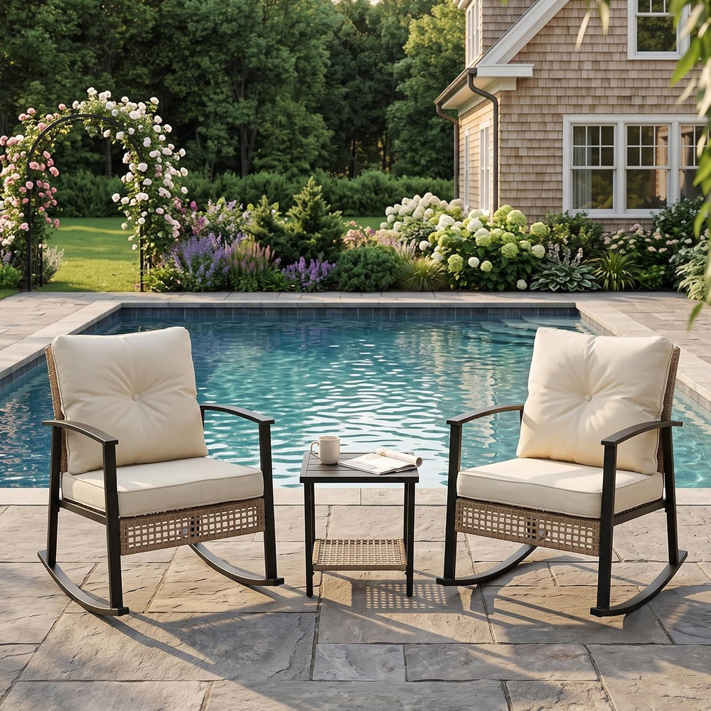 TARKARI 3-Piece Patio Rocking Chairs Set of 2, Rocking Chair Bistro Set [Upgr...