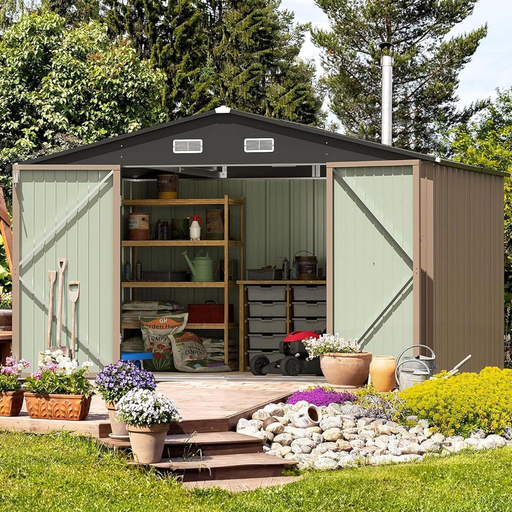 Furniwell 10x8 FT Outdoor Storage Shed, Metal Garden Sheds Outdoor Storage House with Single Lockable Door for Backyard Patio Lawn, Brown