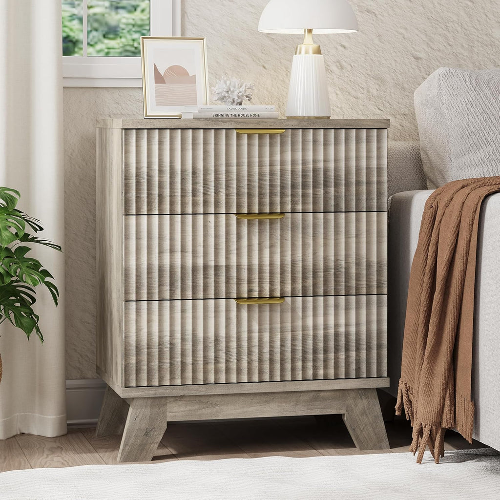 Fluted Nightstand, 24" Wide Side Table with 3 Large Storage Drawers, Mid Century Modern Wood Night Stand with Metal Handle, Wooden Bedside End Table for Bedroom, Living Room, Closet, Grey
