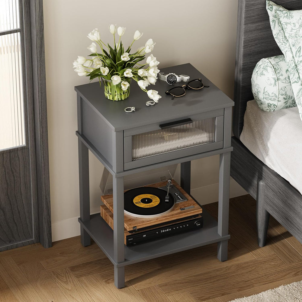 Nightstand Wooden Bedside Table with Drawer Grey Night Stands Modern Style Sm...
