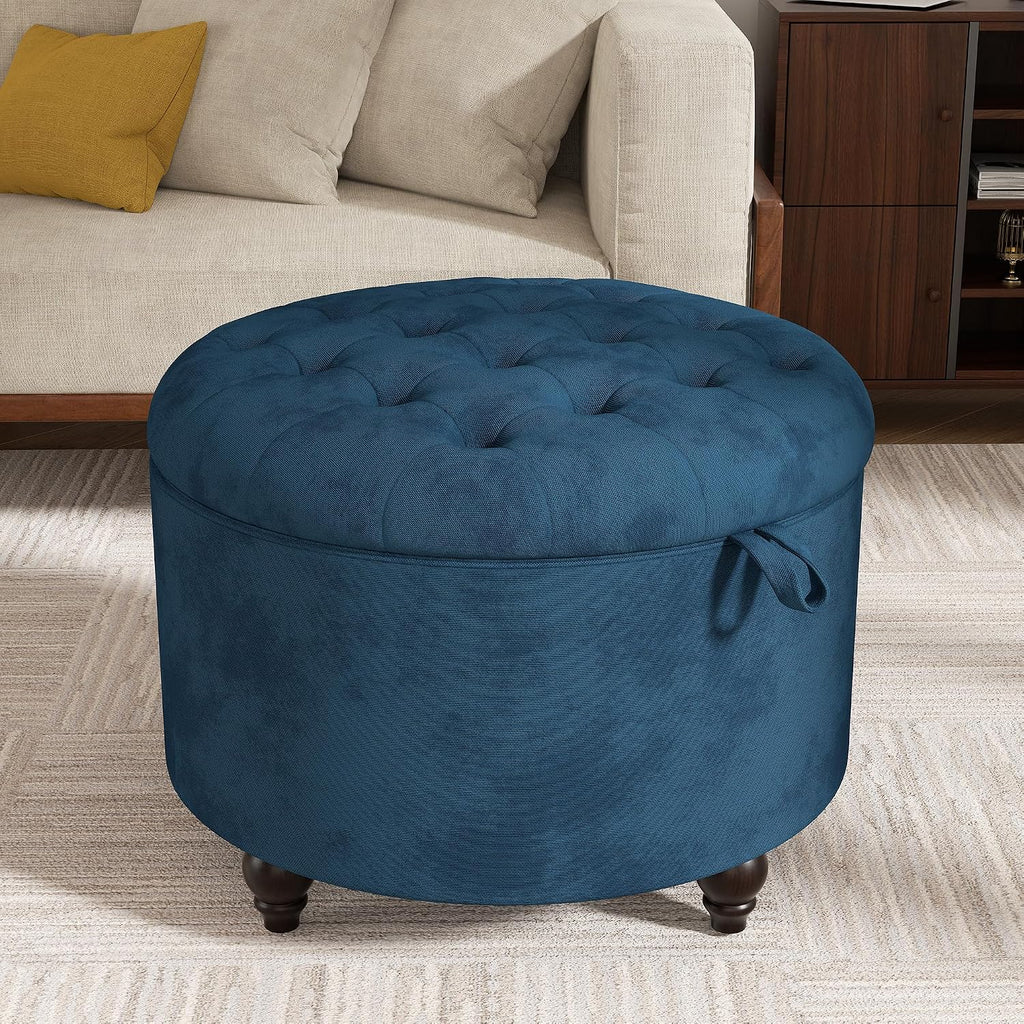 24 Inch Round Storage Ottoman,Modern Tufted Ottomans,Circular Coffee Table with Removable Top,Upholstered Large Ottoman with Storage Footrest Stool for Bedroom Living Room (Blue)