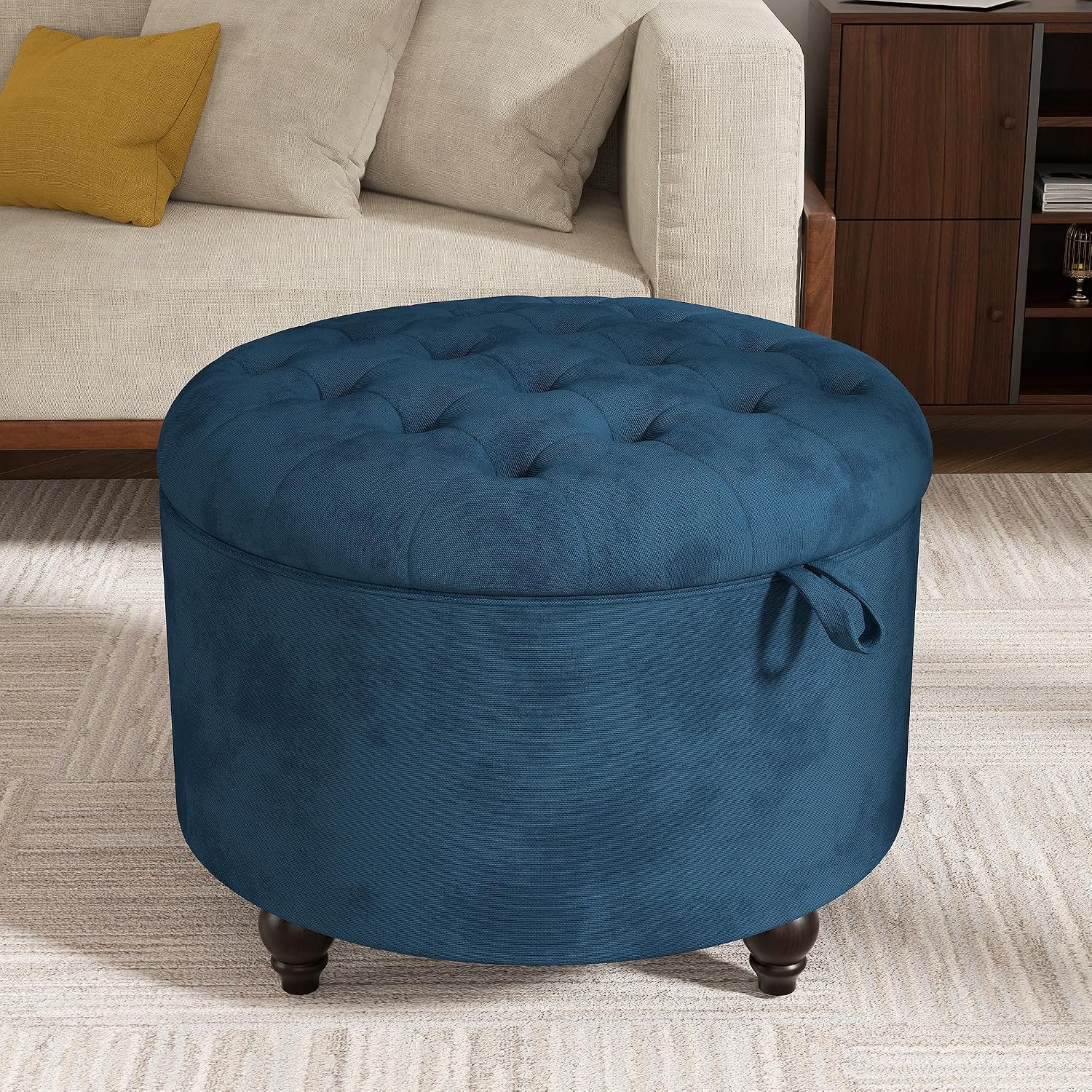 24 Inch Round Storage Ottoman,Modern Tufted Ottomans,Circular Coffee Table with Removable Top,Upholstered Large Ottoman with Storage Footrest Stool for Bedroom Living Room (Blue)