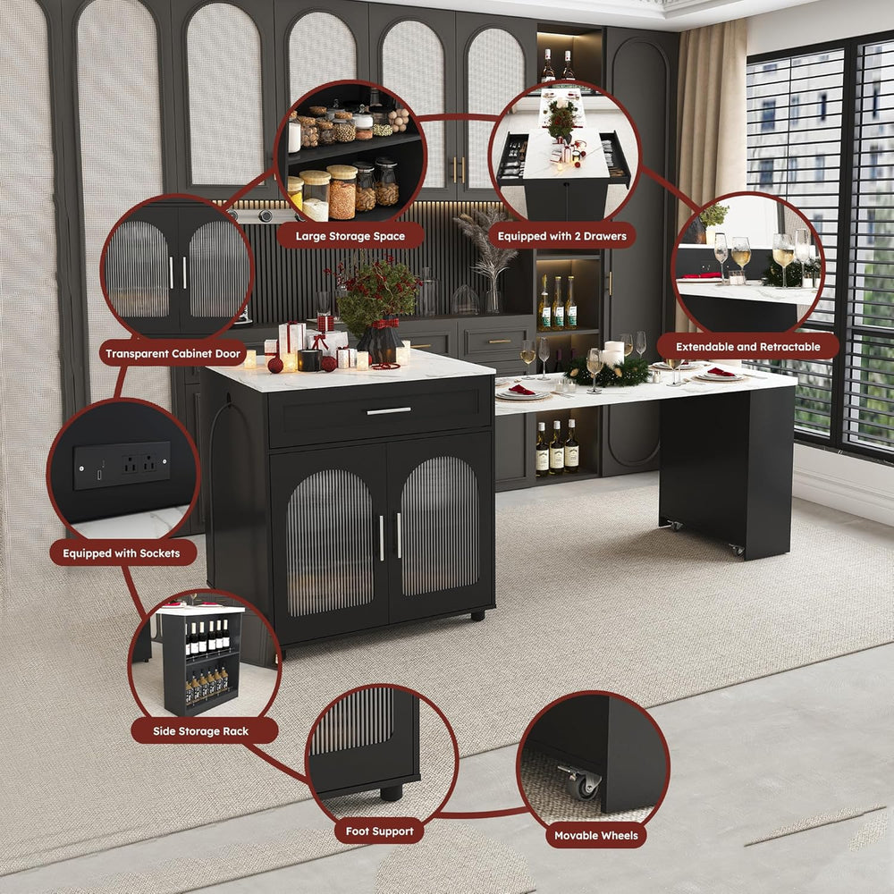 80-inch Expandable Kitchen Island with Dining Table, Marble-Grain Countertop ...