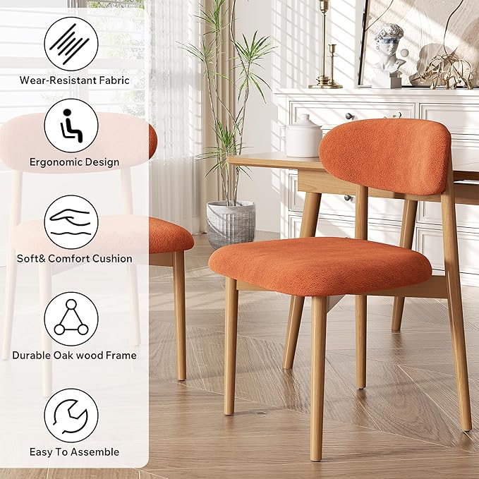 Wooden Dining Chair Set of 1, Modern Dining Chairs with with Curved Back, Fabric Upholstered Kitchen Dining Room Chairs with Adjustable Legs for Farmhouse Dining Living Room,Orange