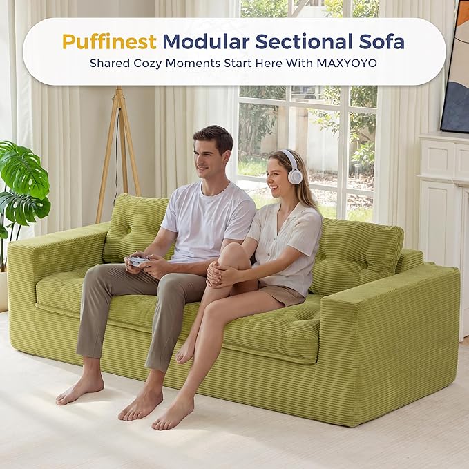 MAXYOYO 79" Loveseat Sofa Couch for Small Spaces, Upholstered Boneless Cloud Couch for Apartment Bedroom, 2-Seater Love Seat Floor Modern Sofa with Pillows, No Assembly Required, Green