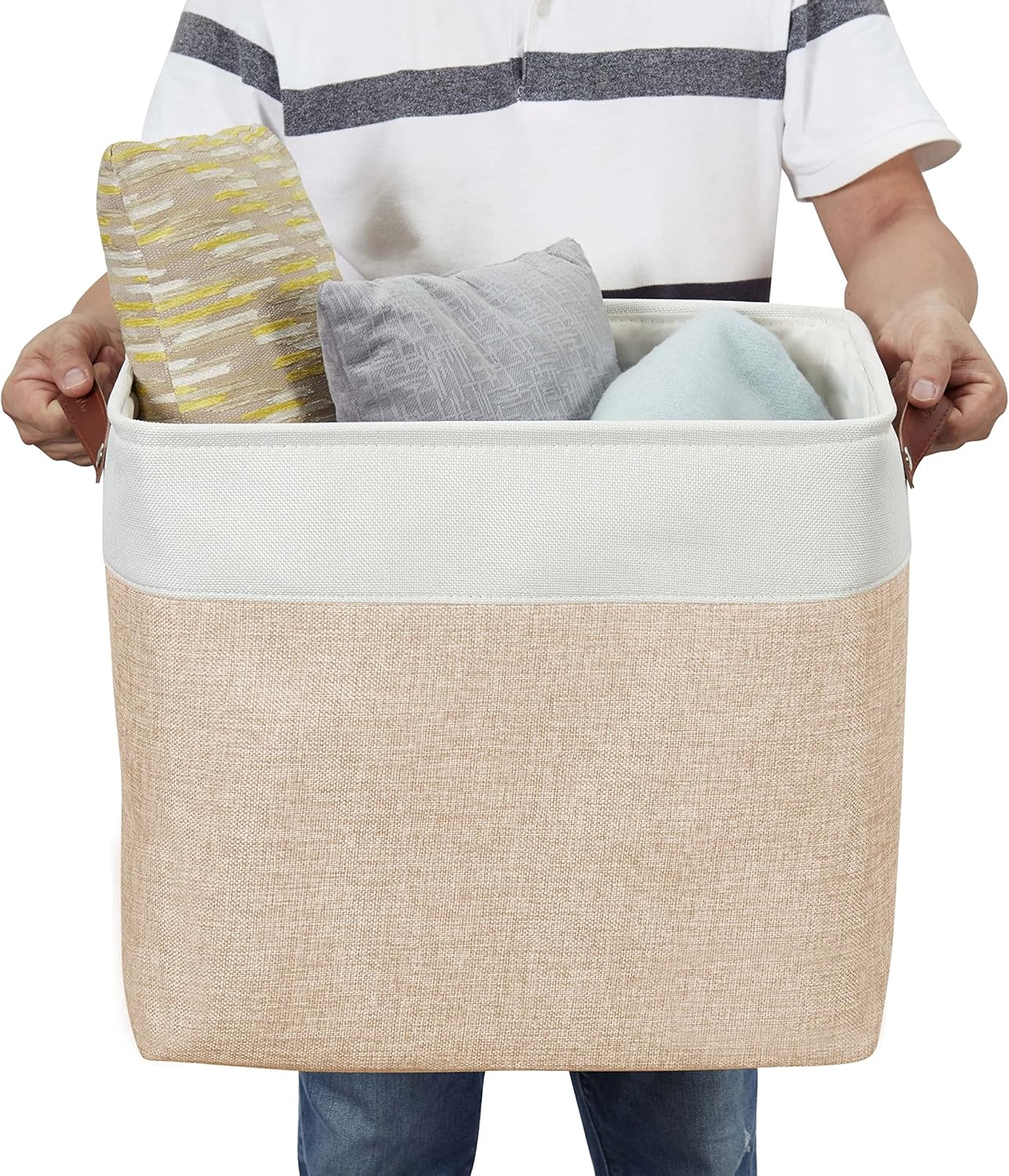 DECOMOMO Extra Large Storage Baskets, 54.5L Fabric Storage Bins for Organizing Linen Closet, Nursery (Khaki & White, XXXL - 3 pack)