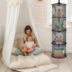 Libeder Mesh Hanging Storage Space Saver Bags Organizer,Foldable Storage Organizer 4 Compartments Toy Storage Basket for Kids Room Bathroom 2 Sets, Black