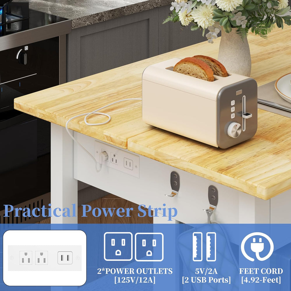 DynJest 47.3" Solid Rubberwood Kitchen Island with Power Outlets, White ...