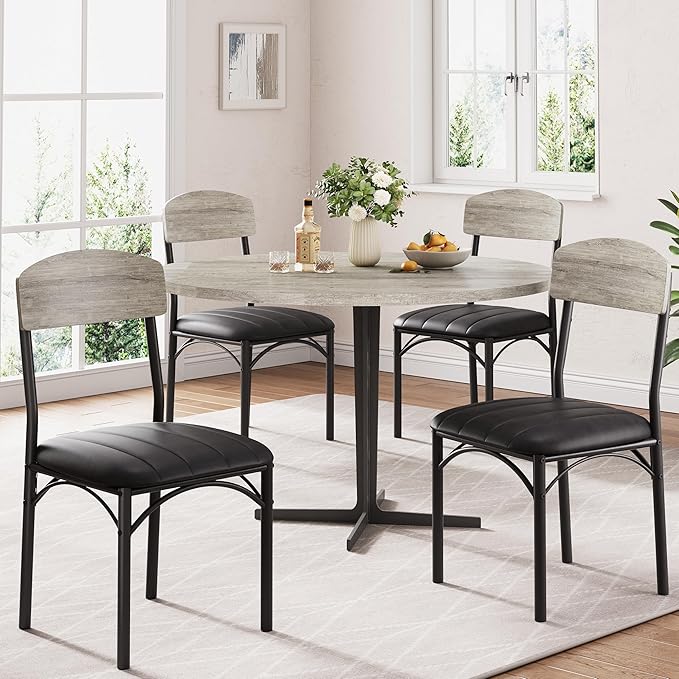Dining Chairs Set of 4 - Upholstered Dining Room Chairs with PU Leather, Industrial Kitchen Chairs with Wooden Backrest and Thickened Metal Legs, for Dining Room, Living Room（Gray）