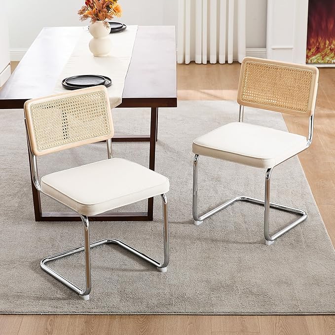 Zesthouse Rattan Dining Chairs Set of 4, White Cesca Chairs with Natural Cane Mesh & Stainless Chrome Base, Mid Century Modern Dining Room Chair, Upholstered Linen Kitchen Chair with Solid Wood Back