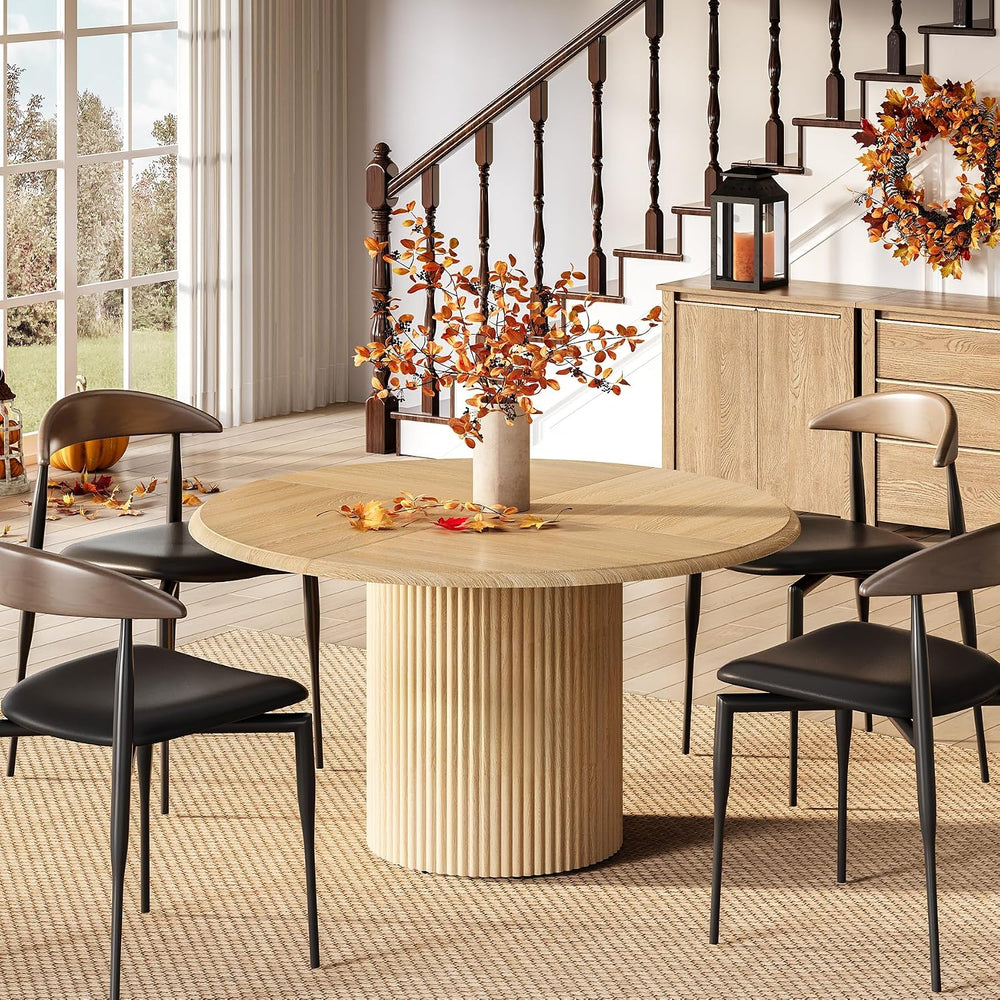 LITTLE TREE 47 Inches Round Dining Table for 4, Farmhouse Natural Wooden Dini...