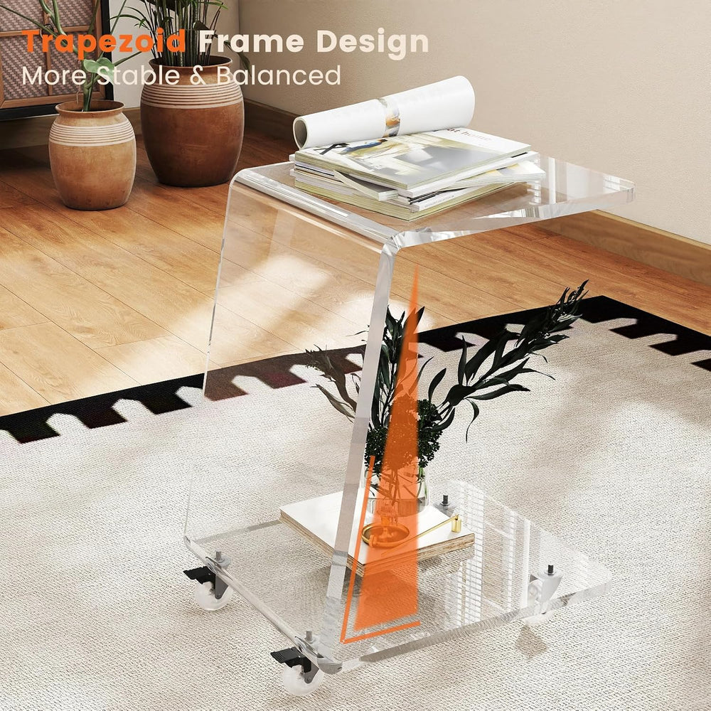 C Shaped Side Table for Sofa, Heavy Clear Acrylic Mobile End Table on Wheels,...