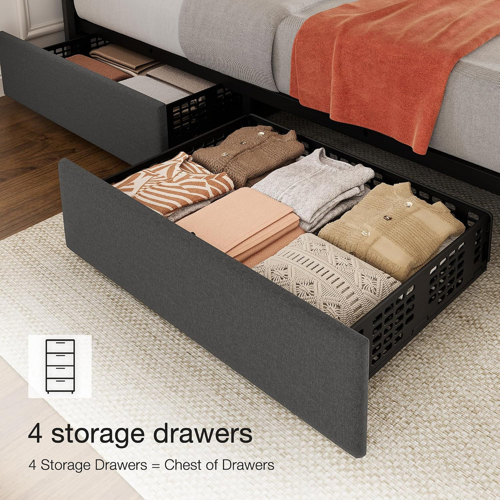 Garvee Queen Size Bed Frame, Linen Bed Frame with 4 Storage Drawers, Grey