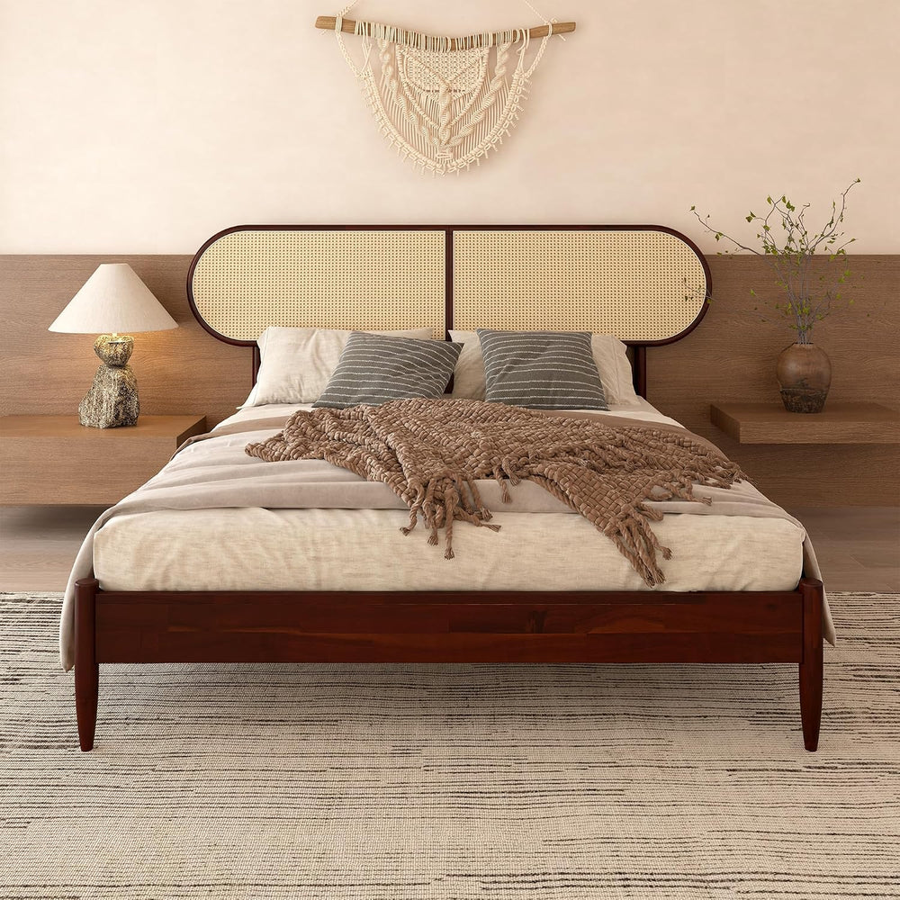 Queen Size Solid Wood Bed Frame, Rattan Boho Headboard, Dark Walnut