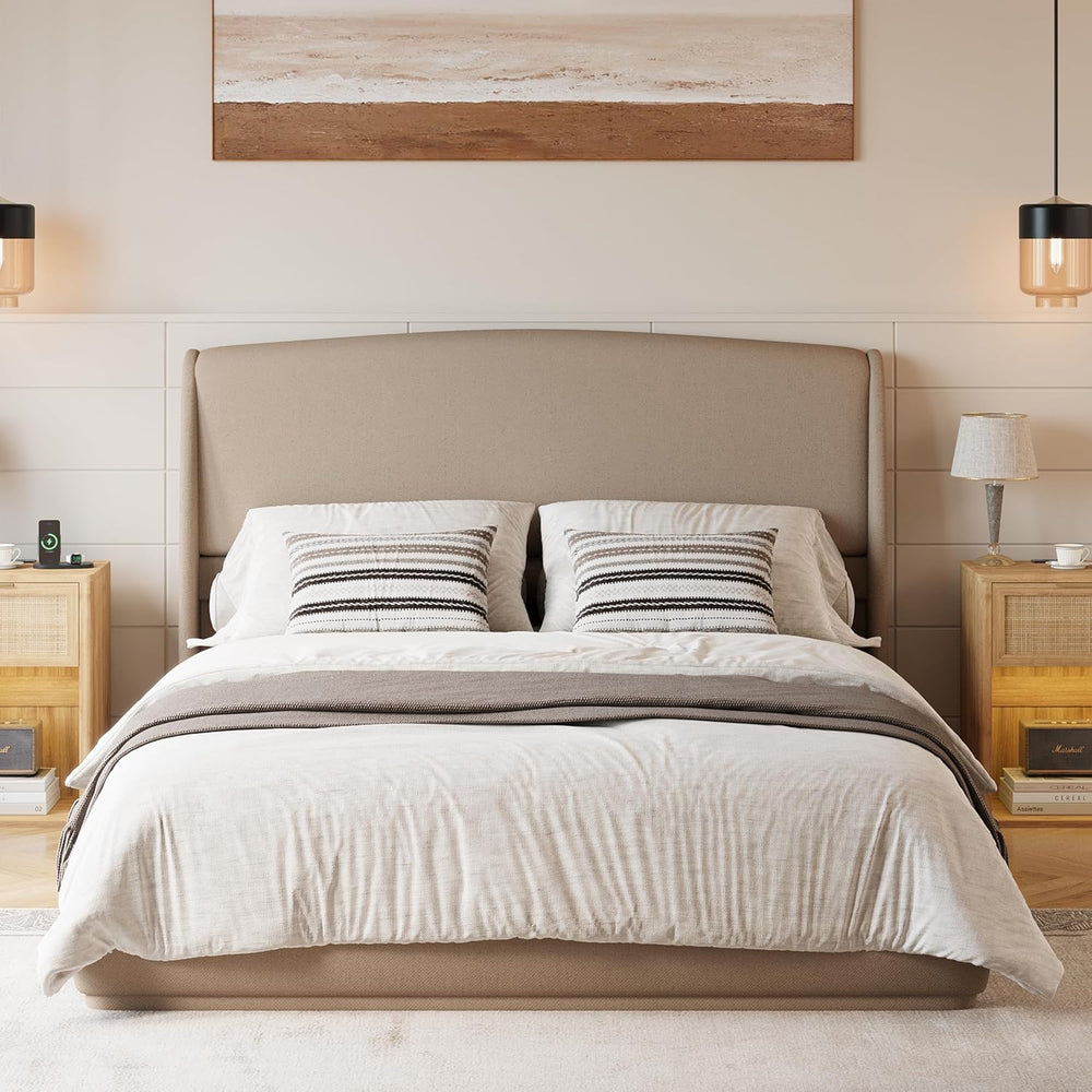 Queen Size Wooden Platform Bed, Upholstered Low Profile Linen Fabric Bed Fram...