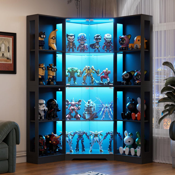 PAKASEPT Corner LED Glass Door Display Curio Cabinet/Display Case | 3 adjustable tiers,3-color LED light,pop-up tempered glass doors,living room collectible storage